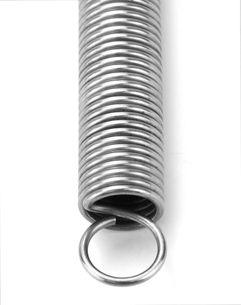 Stainless steel extension spring with round end ring; compact coiled tension spring.