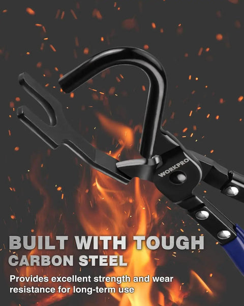 Heavy-Duty Exhaust Hanger Removal Tool With Non-Slip Grip For Rubber Hangers shown against flames, highlighting durability.