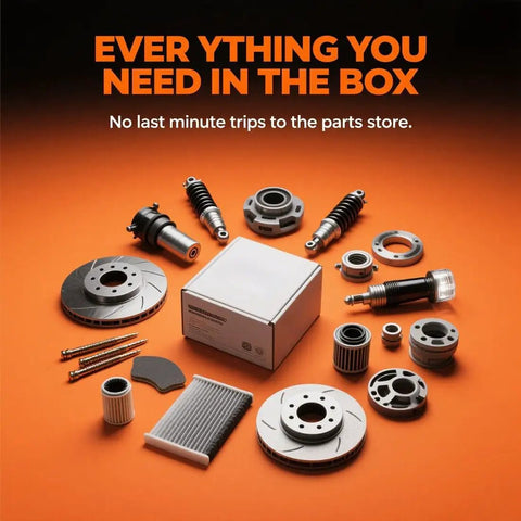 Assorted automotive parts including shocks, rotors, and filters on an orange background with a box labeled 'EVERYTHING YOU NEED'.