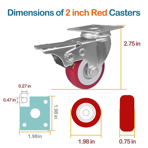 Heavy Duty 2 Inch Caster Wheels Set Of 4 With Brake For 800lb Load dimensions and details