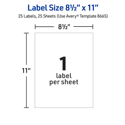 Diagram showing label size 8.5 x 11 inches, 1 label per sheet for Frosted Clear Full Sheet Shipping Labels For Inkjet Printers 8.5 X 11 Matte Sheets That Print As One Large Label Or Multiple Smaller Labels With Scissors Or Electronic Cutting Machines 25 Count Avery.