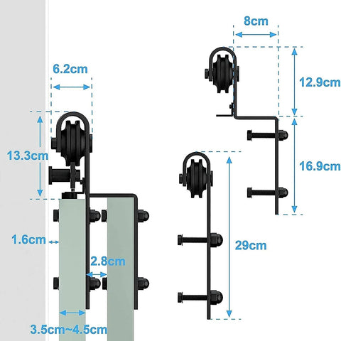 Heavy Duty Carbon Steel Sliding Barn Door Track Hardware Kit With Ceiling Mount and measurements, for single or double doors.
