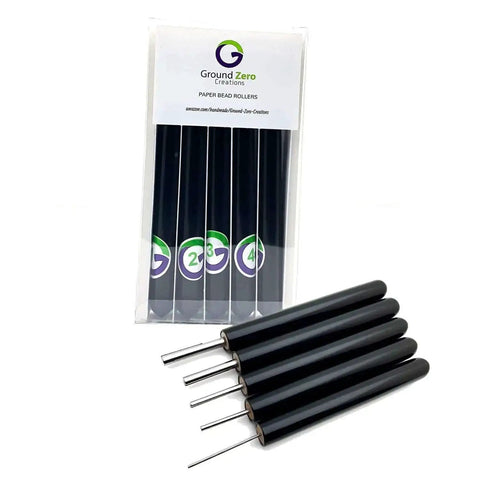 Slotted Paper Bead Roller Quilling Tools Set with five size tips, pro grade comfort grip wooden handle, stainless steel slotted tip