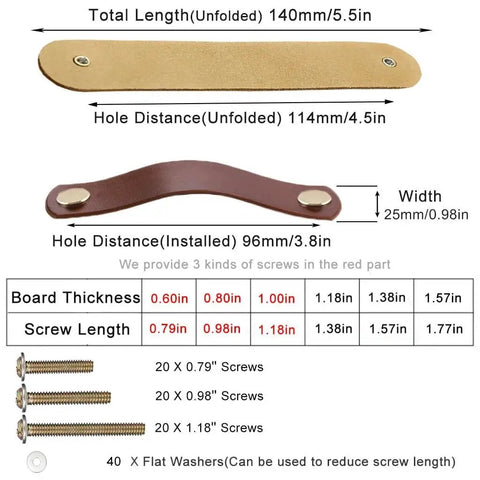 Dimensions and components of 10 Pack Soft Genuine Leather Drawer Pulls Handles 5-1/2 Inch By 1 Inch with screws