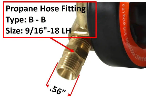 Propane hose fitting close-up from Oxygen And Propane Regulator Combo For Oxy Fuel Welding And Cutting V350 Series, Type B-B, 9/16" size.