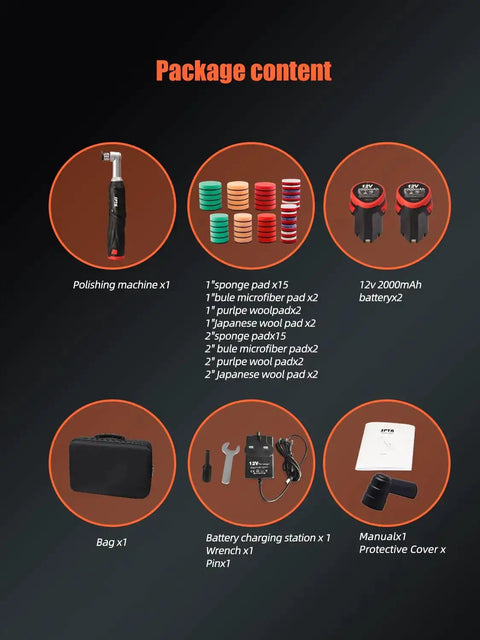 Cordless Mini Car Polisher 12V Micro Random Orbital Buffer package contents including polisher, pads, batteries, and bag.
