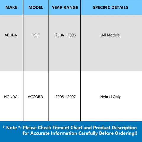 Chart showing fitment details for Acura TSX 2004-2008 all models and Honda Accord 2005-2007 hybrid models.