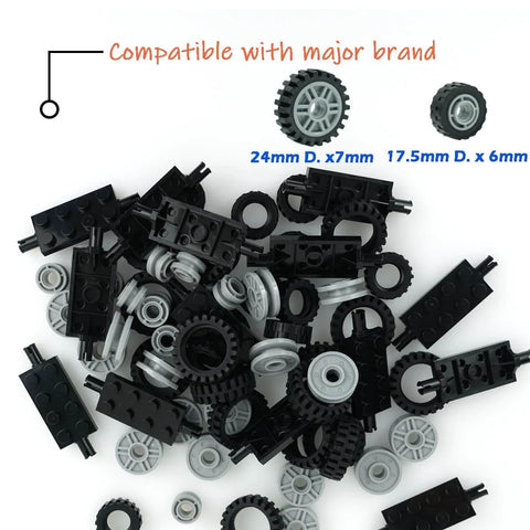 City Car Wheels Tires And Axles Kit Set For Vehicles And Trucks Dope Compatibility With Major Brand Parts Classic Pieces And Accessories Bulk Bricks Sets For Construction Toys And Diy Build Play with black and grey components displayed