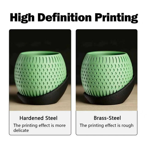 Comparison of green 3D printed vases using Hardened Steel nozzle with fine detail and Brass-Steel nozzle with rougher texture.