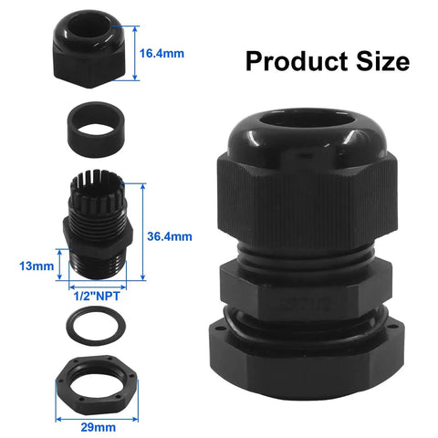Product size diagram for 12 Pcs Half Inch NPT Nylon Cable Glands Waterproof Adjustable Cord Grips With Locknut And Gaskets.