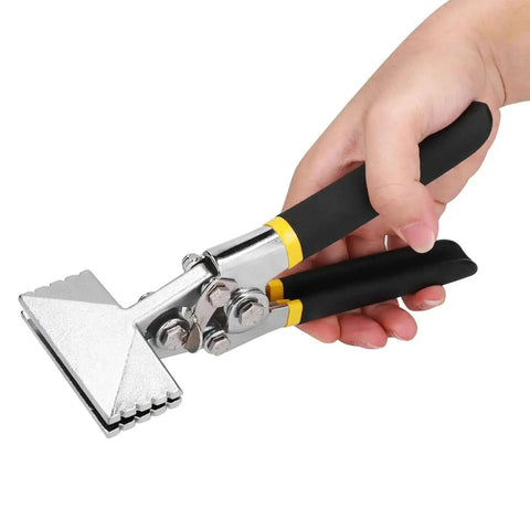 Hand holding 3 Inch Steel Sheet Metal Hand Seamer with folding straight jaw, designed for ceilings and suspended ceilings, pro grade reliability