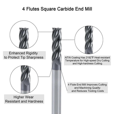 Carbide Square End Mill Set For Metalworking, Four Flute Micro Grain Bits, AlTiN Coated, detail view of end mill