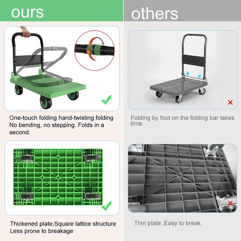 Comparison of green folding mobile platform trolley with thickened reinforced base to other dolly cart with thin base