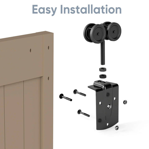Exterior Sliding Barn Door Hardware Kit With Box Rail Hangers, Black Finish, installation components, easy assembly view.