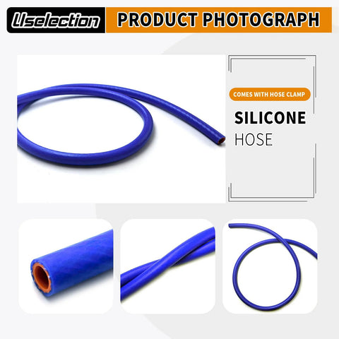 Silicone heater hose, 1/2 in ID x 5 ft, blue exterior with orange inner, reinforced high-temp coolant hose with clamp