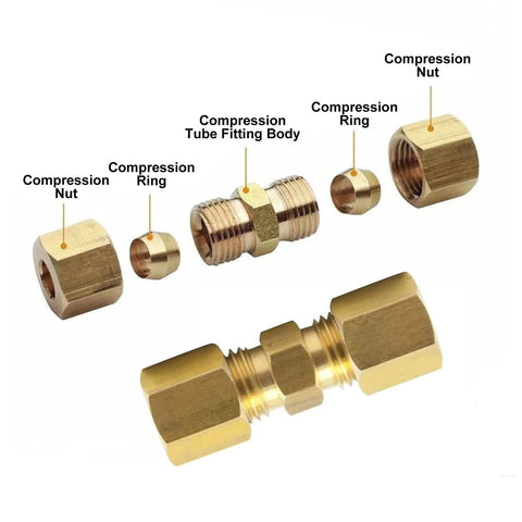 Legines brass compression union fitting, 3/8 in OD x 3/8 in OD, pack of 2, showing nuts, rings, and body components.