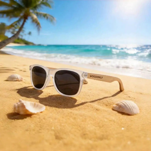 Unisex Wooden Polarized Sunglasses With Maple Wood Temples, White And Maple Color, on sandy beach near seashells and ocean.