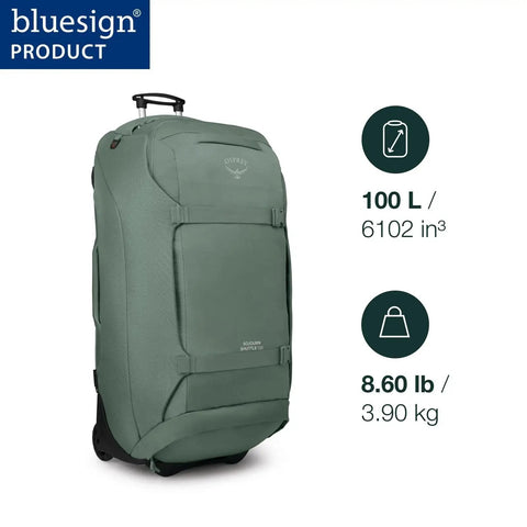 Rugged 100L Wheeled Duffel With Wingjacket Compression And Oversized 110mm Wheels For Smooth Travel Over Rough Roads, Black Osprey Sojourn Shuttle 30in 100L, green front view with dimensions