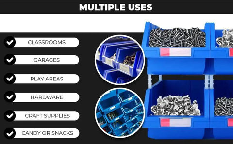 Blue Heavy Duty Thermoplastic Storage Bin Organizer Built To Last, Stackable And Hangable with side connect, filled with parts