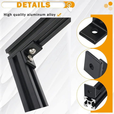 Close-up of Ten Pack 2020 Series 2 Hole 90 Degree Inside Corner Bracket Kit For Aluminum Extrusion 6mm Slot Black L Corner Brackets