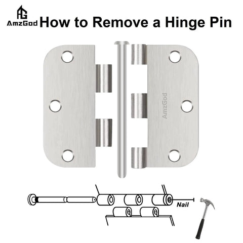 Diagram showing how to remove a pin from Brushed Nickel Door Hinges 3-Pack 3.5 Inch Interior Hinges 5/8" Radius Rounded Corners with Screws