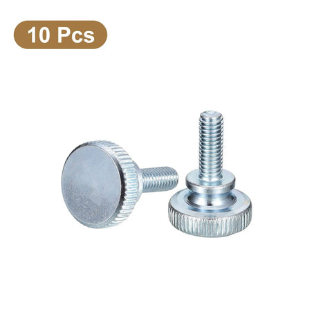 M6x16mm Knurled Thumb Screws, 10 Pcs, Carbon Steel Zinc Plated, showing flat knurled head and threading in close-up view.