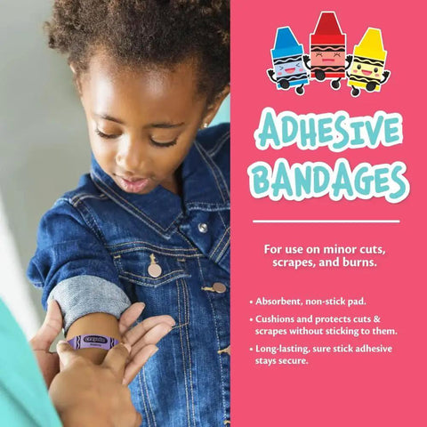 Child applying bandage from Travel Ready 30 Piece First Aid Kit For Kids And Adults Compact And Lightweight by Crayola