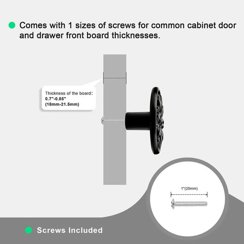 Side view of black floral embossed solid zinc alloy cabinet handle from 4 pack with included 25mm screw for single hole installations.