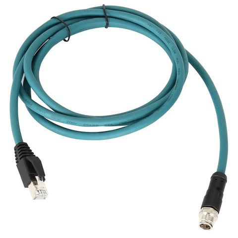 M12 To RJ45 8 Pin X Coded Shielded CAT6A High Flex Industrial Ethernet Cable coiled, showing connectors for automation and PLC use