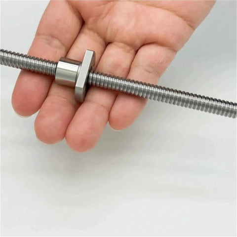 Hand holding Mini Ball Screw SFK0801 For 3D Printers And DIY CNC, 8mm bore, includes SFK ball nut, precision lead screw shown close-up