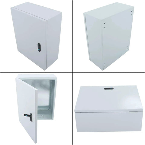 Collage of 16 By 8 By 20 NEMA 4X electrical junction box showing front, side, open view, and top, rugged steel enclosure with dual key lock