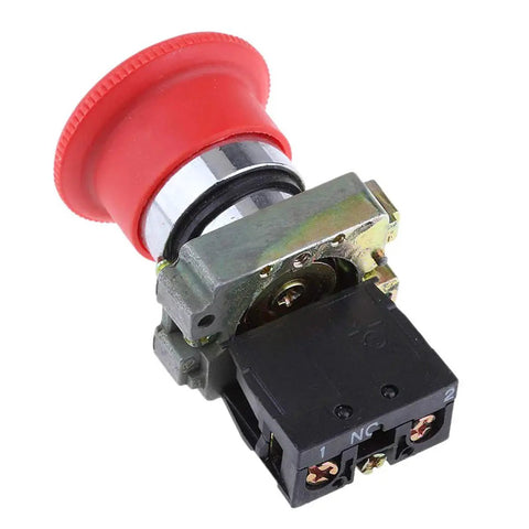Red 22mm NC emergency-stop push-button switch with metal mounting collar and black base.