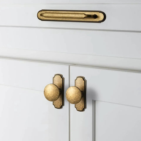 Front view of Antique Brass Cabinet Pulls With Backplate Spacer 2 Pack on white cabinets, zinc alloy durable corrosion resistant