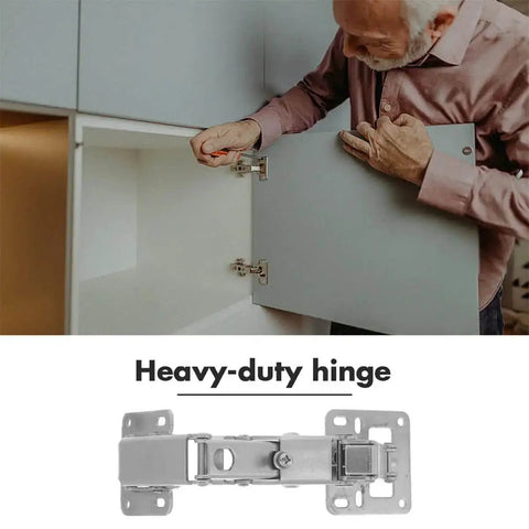 Man installing hidden concealed door hinges with 170 degree large angle for easy operation, shown below with heavy duty design.