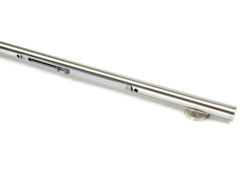 10 Foot Brushed Stainless Steel Double Sliding Barn Door Hardware Kit With Soft Close Top Mount Rollers for Indoor Bi Parting Track Fits Doors From One And Three Eighths Inches To One And Three Quarters Inches, close-up of brushed stainless steel rail with mounted soft-close mechanism.