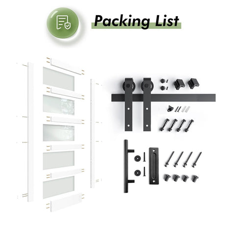 36x84 White Frosted Glass Barn Door With Sliding Hardware Kit Included, PVC Finish shown with hardware and installation components.