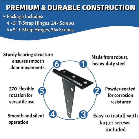 5 Inch T Hinges Heavy Duty 4 Pack Extra Thick 2mm Leaf Black Rust Resistant T Strap Gate Hinges Package Details