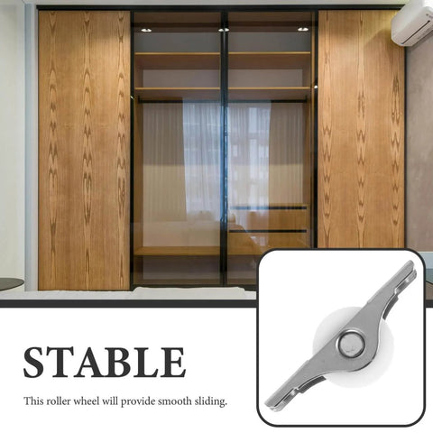Heavy Duty 2.44 Inch Sliding Door Rollers For Closets And Cabinets shown installed on wooden wardrobe with metal door roller wheels.