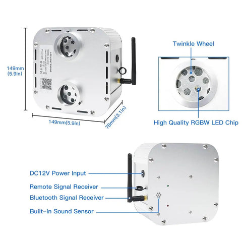 Dual Color 32W Fiber Optic Starlight Headliner Kit engine with RGBW LED, remote control setup.
