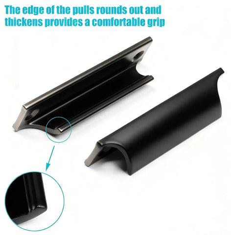 2 Pack Black Aluminum Alloy Modern Finger Pulls For Cabinets And Drawers 90mm with 76mm spacing showing rounded edge detail.
