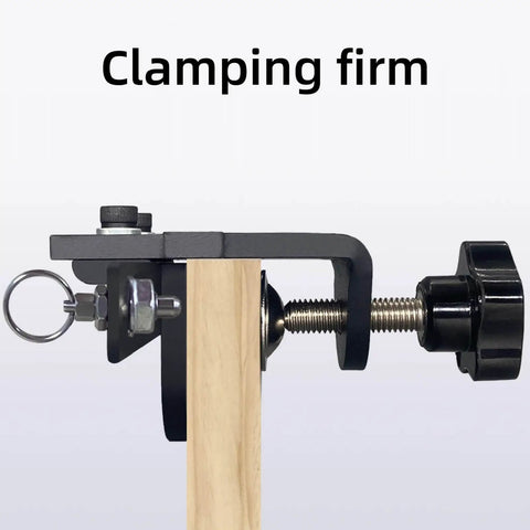 Close-up side view of 3 In 1 Dowel Jig Kit For Woodworking With High Carbon Steel Construction, Adjustable Centerblock clamping wood.