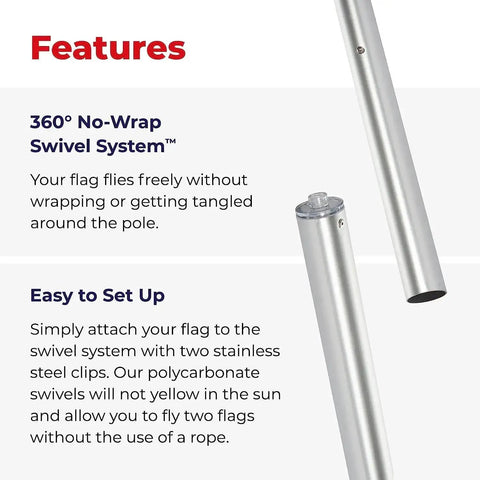 Features of Defender Inground Flag Pole Kit Built Tough For Outdoors With Winds Up To 130 MPH including 360° No-Wrap Swivel System