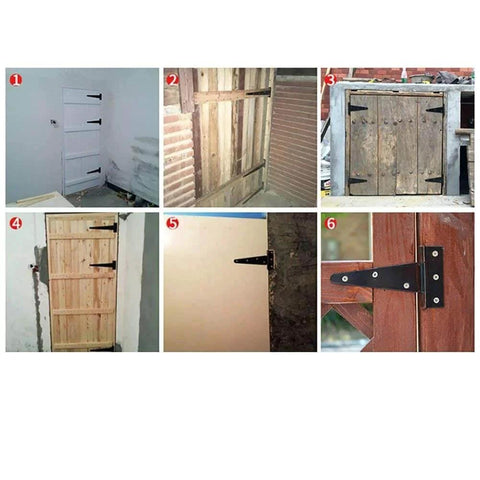 8 Inch T Strap Barn Door Hinges Heavy Duty Gate Hinge Set Black Wrought Iron Rustproof 6 Pcs installed on various wooden doors