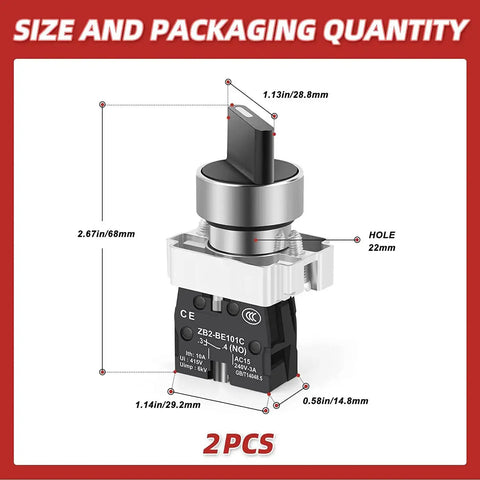 Two Pack Latching Rotary Selector Switch 2 Positions Maintained 1NO SPST 600V 10A with dimensions and construction details