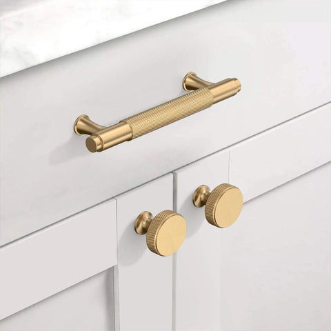 Installed 10 Pack Champagne Bronze Knurled Cabinet Knobs For Dresser Drawers Brass Cupboard Hardware For Cabinets CK0029 on white drawers