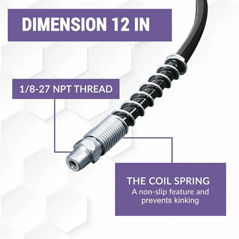 12 inch hose detail with coil spring and 1/8-27 NPT thread from Grease Gun Accessory Kit With Needle Dispenser And Two Needle Nozzles.