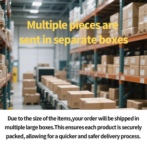 Warehouse with stacked boxes on shelves labeled 'multiple pieces are sent in separate boxes' for shipping.