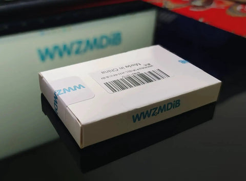 White package box for Mini L298N 2 Channel H Bridge DC Motor Driver Board with barcode and blue logo on reflective surface