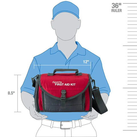 All In One Sports Coach First Aid Kit In A Durable Duffel Bag With 189 Pieces shown with size dimensions of 12 inches by 8.5 inches