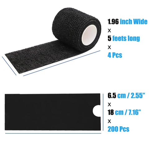 Front view of MIUXIA tattoo pen grip wrap set: black roll (1.96in wide, 5ft) and 200 covers sheet